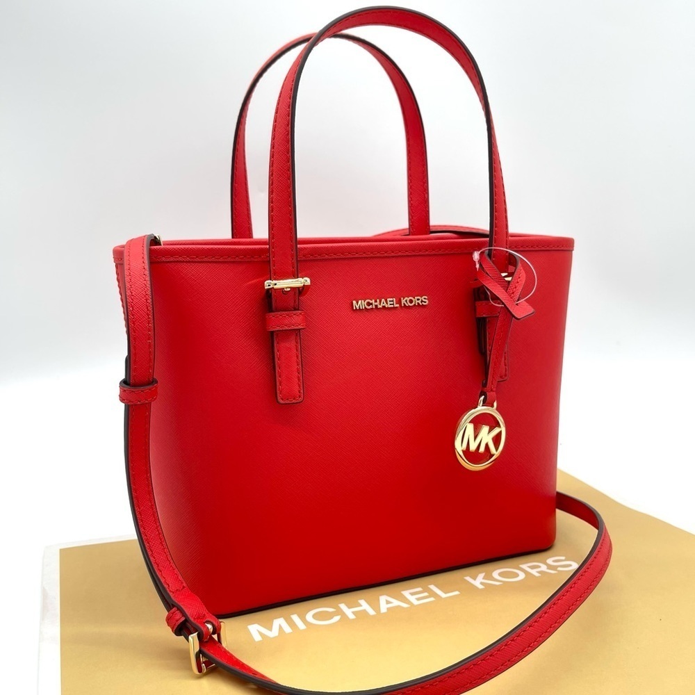 Michael Kors Extra Small To Zip Tote Bag Red/Gold - Picture 2 of 7